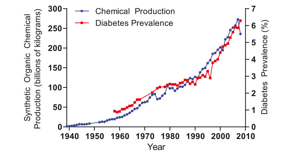 Rys. 3. W latach 1939 - 2010: produkcja chemikaliów w USA wzrosła 60-krotnie [wg 45] 